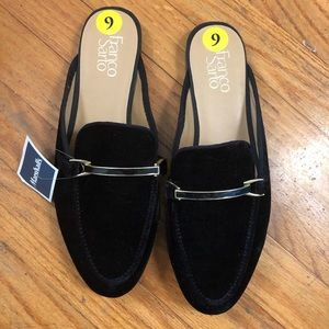 Black velvet mules with gold hardware
